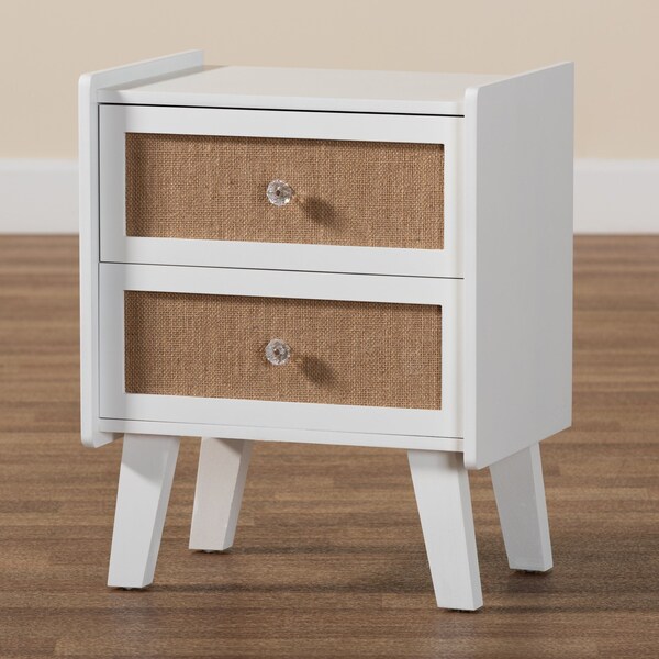 Baxton Studio Balta Mid-Century Modern Transitional Oak Brown Rattan and White Finished Wood 2-Drawer Nightstand - 201-12187