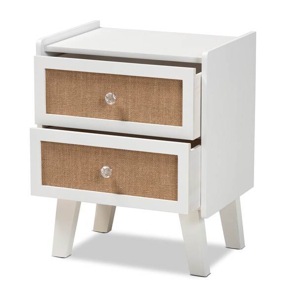 Baxton Studio Balta Mid-Century Modern Transitional Oak Brown Rattan and White Finished Wood 2-Drawer Nightstand - 201-12187
