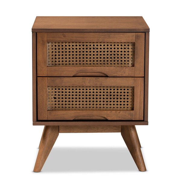 Baxton Studio Barrett Mid-Century Walnut Brown Finished Wood and Synthetic Rattan 2-Drawer Nightstand - 192-11298-ZORO