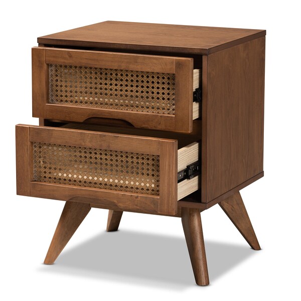 Baxton Studio Barrett Mid-Century Walnut Brown Finished Wood and Synthetic Rattan 2-Drawer Nightstand - 192-11298-ZORO