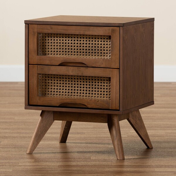 Baxton Studio Barrett Mid-Century Walnut Brown Finished Wood and Synthetic Rattan 2-Drawer Nightstand - 192-11298-ZORO