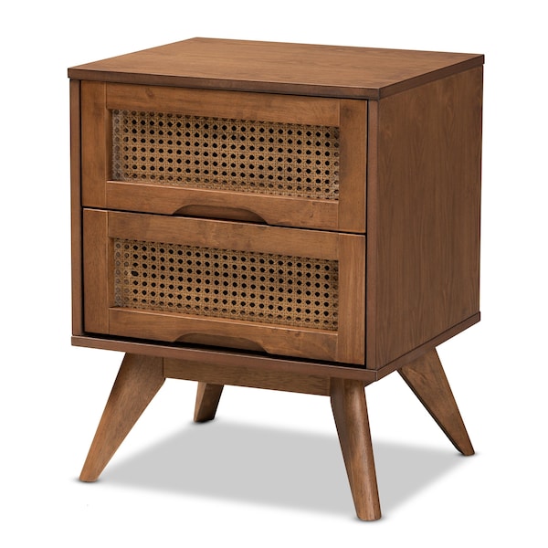 Baxton Studio Barrett Mid-Century Walnut Brown Finished Wood and Synthetic Rattan 2-Drawer Nightstand - 192-11298-ZORO