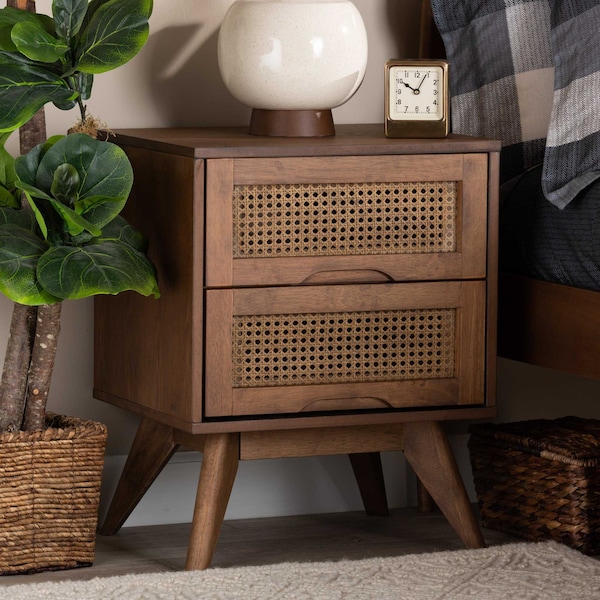 Baxton Studio Barrett Mid-Century Walnut Brown Finished Wood and Synthetic Rattan 2-Drawer Nightstand - 192-11298-ZORO