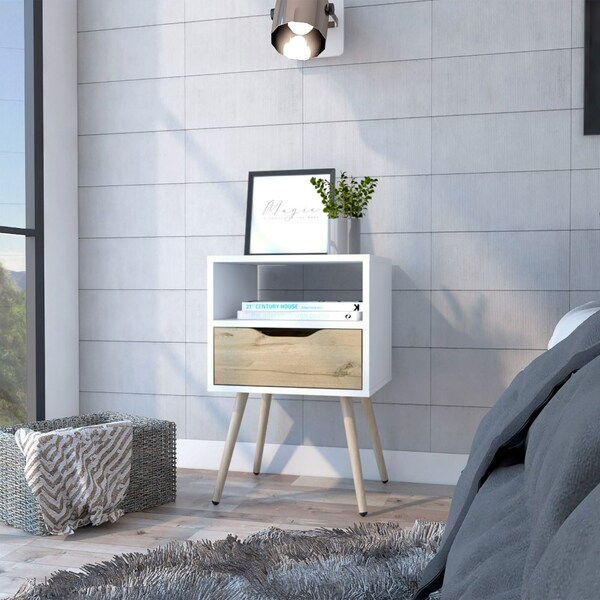 Tuhome Otom Nightstand, Superior Top, One Open Shelf, One Drawer, Four Legs, White/Light Oak - MBD6729