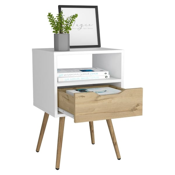 Tuhome Otom Nightstand, Superior Top, One Open Shelf, One Drawer, Four Legs, White/Light Oak - MBD6729