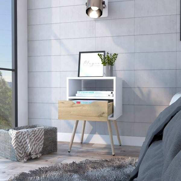 Tuhome Otom Nightstand, Superior Top, One Open Shelf, One Drawer, Four Legs, White/Light Oak - MBD6729