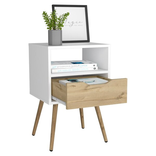 Tuhome Otom Nightstand, Superior Top, One Open Shelf, One Drawer, Four Legs, White/Light Oak - MBD6729