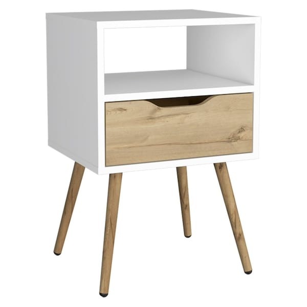 Tuhome Otom Nightstand, Superior Top, One Open Shelf, One Drawer, Four Legs, White/Light Oak - MBD6729