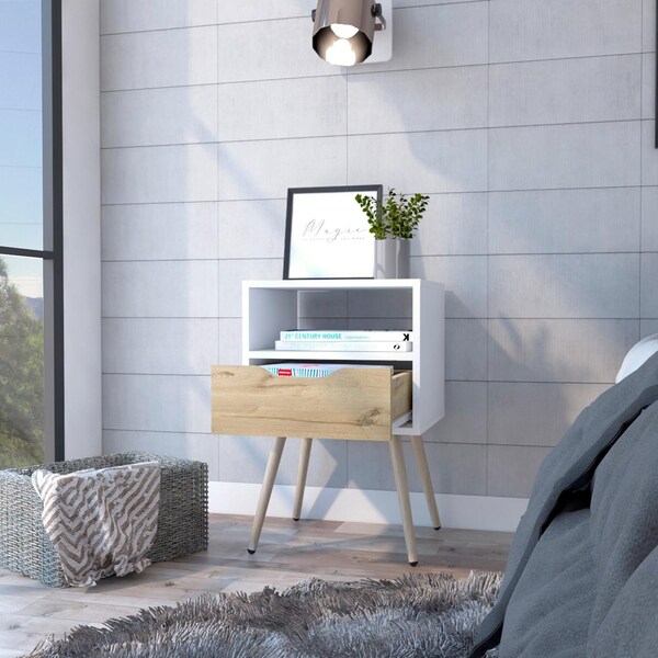 Tuhome Otom Nightstand, Superior Top, One Open Shelf, One Drawer, Four Legs, White/Light Oak - MBD6729