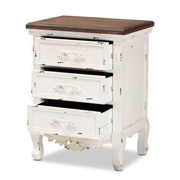 Baxton Studio Levron Traditional Walnut Brown and Antique White Finished Wood 3-Drawer Nightstand - 194-11953-ZORO