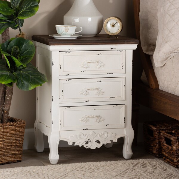 Baxton Studio Levron Traditional Walnut Brown and Antique White Finished Wood 3-Drawer Nightstand - 194-11953-ZORO