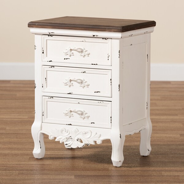 Baxton Studio Levron Traditional Walnut Brown and Antique White Finished Wood 3-Drawer Nightstand - 194-11953-ZORO