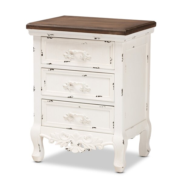 Baxton Studio Levron Traditional Walnut Brown and Antique White Finished Wood 3-Drawer Nightstand - 194-11953-ZORO