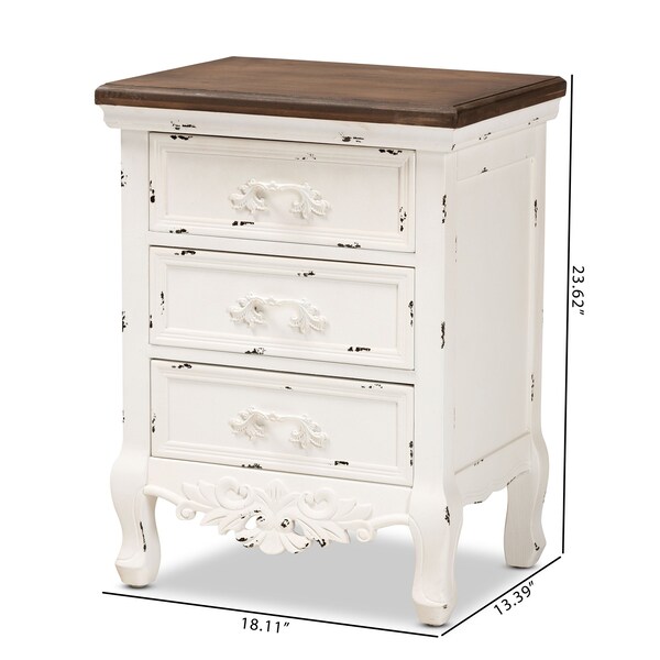 Baxton Studio Levron Traditional Walnut Brown and Antique White Finished Wood 3-Drawer Nightstand - 194-11953-ZORO