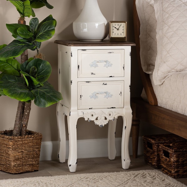 Baxton Studio Levron Traditional Two-Tone Walnut Brown and Antique White Finished Wood 2-Drawer Nightstand - 194-11954-ZORO