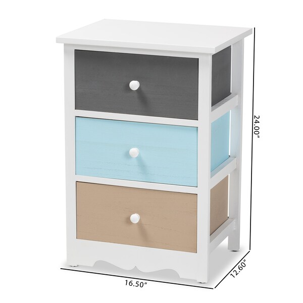 Baxton Studio Kalila ModernWhite and Multi-Colored Finished Wood 3-Drawer Nightstand - 199-12249-ZORO