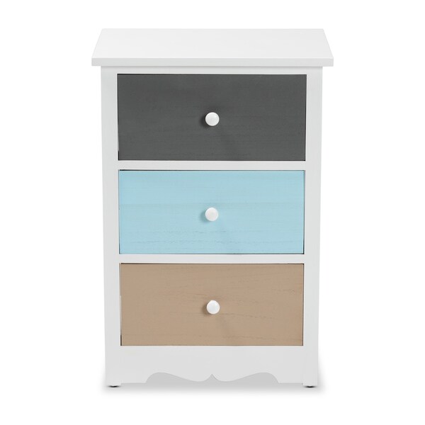 Baxton Studio Kalila ModernWhite and Multi-Colored Finished Wood 3-Drawer Nightstand - 199-12249-ZORO