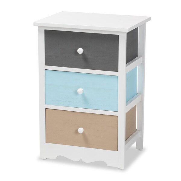 Baxton Studio Kalila ModernWhite and Multi-Colored Finished Wood 3-Drawer Nightstand - 199-12249-ZORO