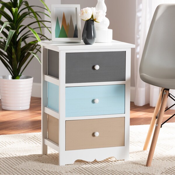 Baxton Studio Kalila ModernWhite and Multi-Colored Finished Wood 3-Drawer Nightstand - 199-12249-ZORO