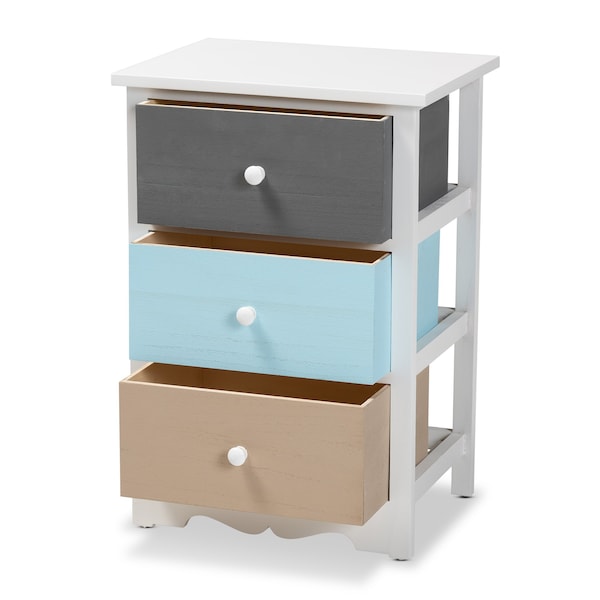 Baxton Studio Kalila ModernWhite and Multi-Colored Finished Wood 3-Drawer Nightstand - 199-12249-ZORO