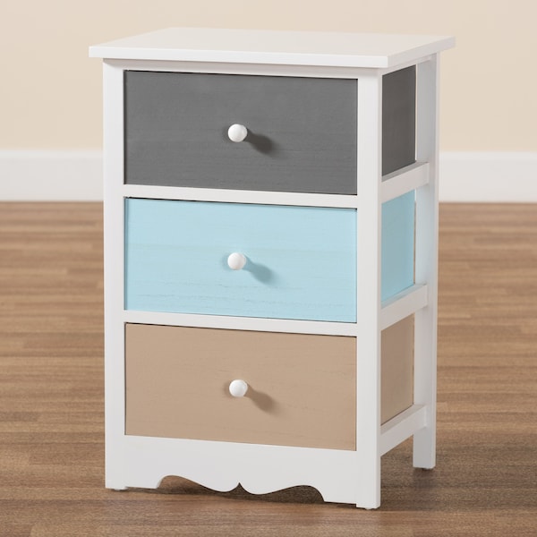 Baxton Studio Kalila ModernWhite and Multi-Colored Finished Wood 3-Drawer Nightstand - 199-12249-ZORO