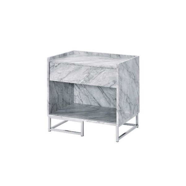 Acme Faux Marble Nightstand with Metal Base in White and Chrome - ER-079WH