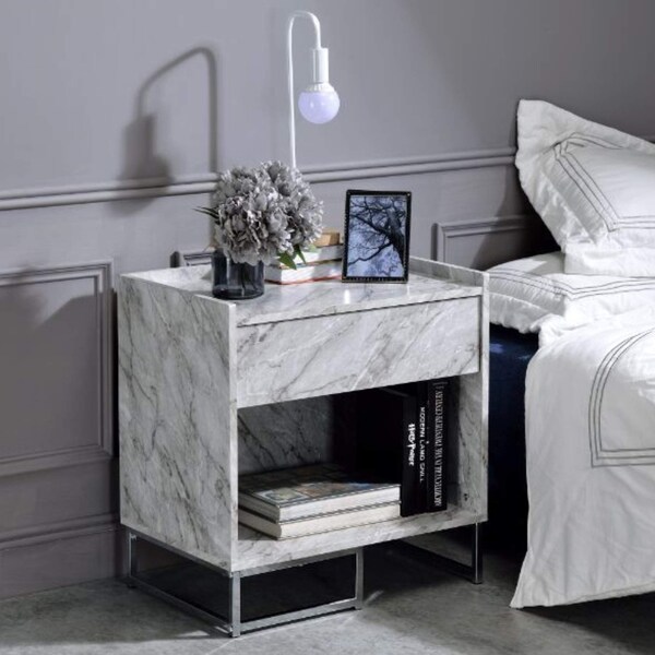 Acme Faux Marble Nightstand with Metal Base in White and Chrome - ER-079WH