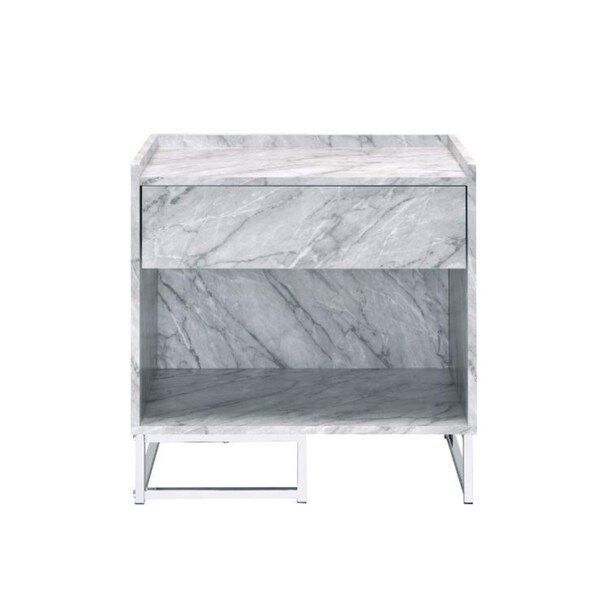 Acme Faux Marble Nightstand with Metal Base in White and Chrome - ER-079WH