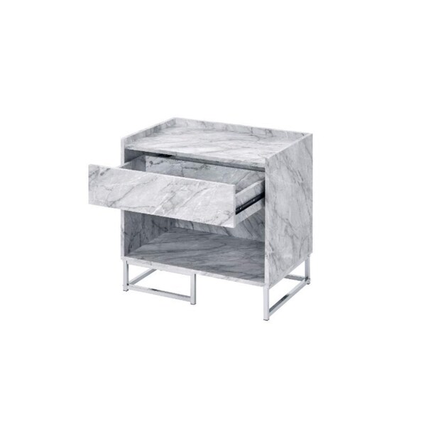 Acme Faux Marble Nightstand with Metal Base in White and Chrome - ER-079WH