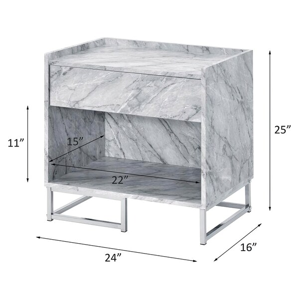 Acme Faux Marble Nightstand with Metal Base in White and Chrome - ER-079WH