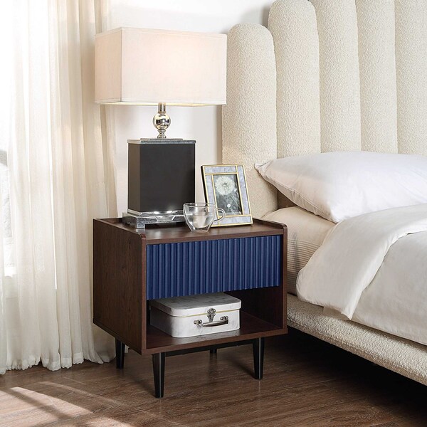 Manhattan Comfort Duane Modern Ribbed Nightstand with Full Extension Drawer in Dark Brown and Navy Blue - NS-10GLF-NB