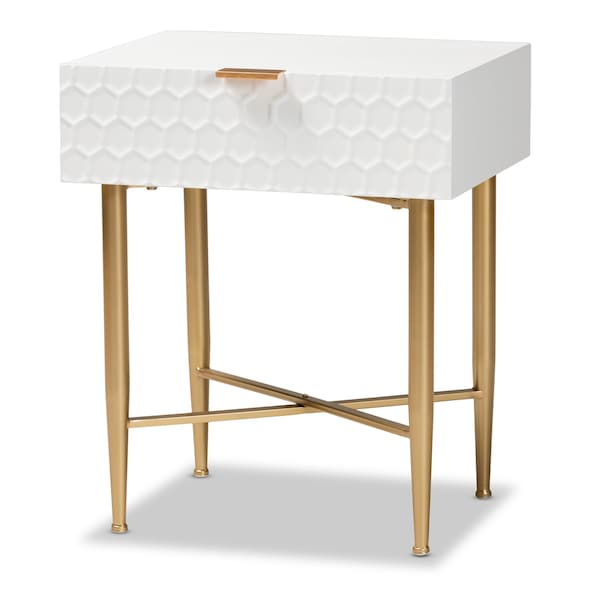 Baxton Studio Marcin Contemporary Glam and Luxe White Finished Wood and Gold Metal 1-Drawer Nightstand - 199-12008-ZORO