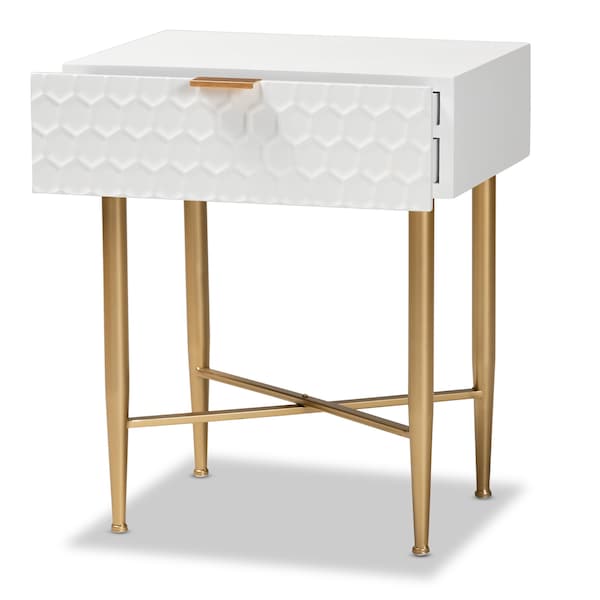Baxton Studio Marcin Contemporary Glam and Luxe White Finished Wood and Gold Metal 1-Drawer Nightstand - 199-12008-ZORO