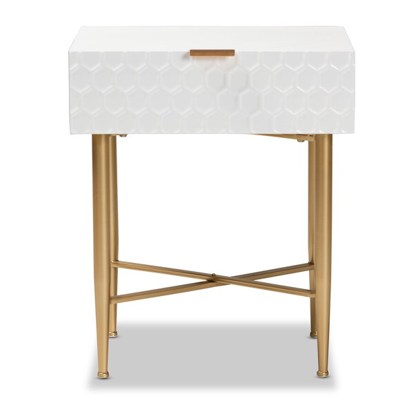 Baxton Studio Marcin Contemporary Glam and Luxe White Finished Wood and Gold Metal 1-Drawer Nightstand - 199-12008-ZORO