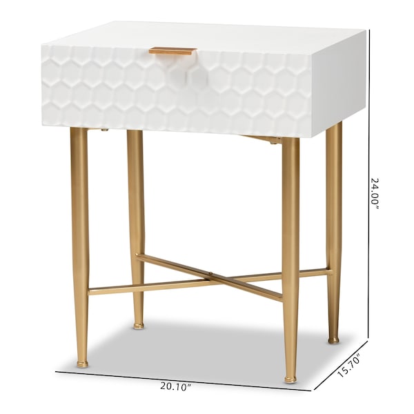 Baxton Studio Marcin Contemporary Glam and Luxe White Finished Wood and Gold Metal 1-Drawer Nightstand - 199-12008-ZORO