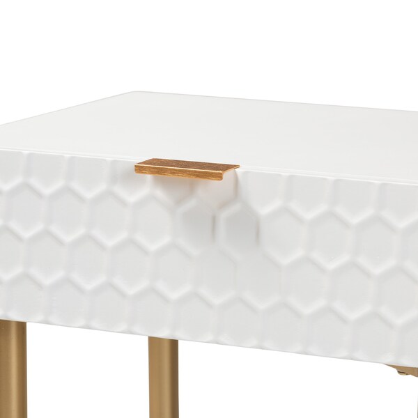 Baxton Studio Marcin Contemporary Glam and Luxe White Finished Wood and Gold Metal 1-Drawer Nightstand - 199-12008-ZORO
