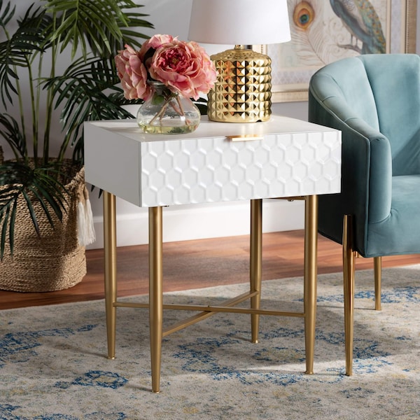 Baxton Studio Marcin Contemporary Glam and Luxe White Finished Wood and Gold Metal 1-Drawer Nightstand - 199-12008-ZORO