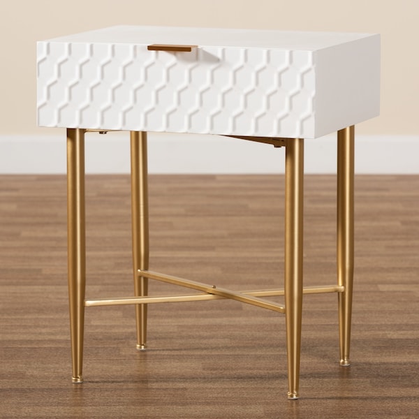 Baxton Studio Marcin Contemporary Glam and Luxe White Finished Wood and Gold Metal 1-Drawer Nightstand - 199-12008-ZORO