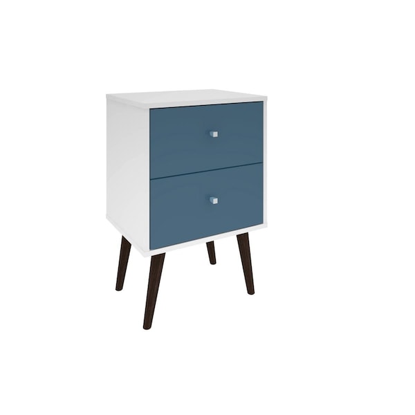 Designed To Furnish Liberty Mid Century-Modern Nightstand 2 w/Solid Wood Leg 2 Full Extension Drawers, Wht & Aqua Blue - DE2543546