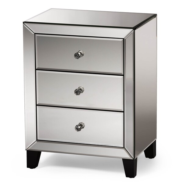 Baxton Studio Chevron Hollywood Glamour Style Mirrored 3-Drawers Nightstand - 121-6733