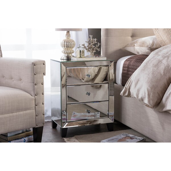 Baxton Studio Chevron Hollywood Glamour Style Mirrored 3-Drawers Nightstand - 121-6733