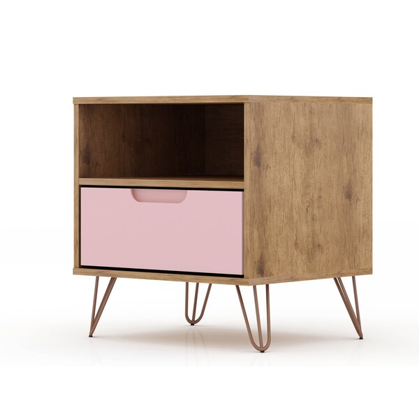 Manhattan Comfort Rockefeller Nightstand 1.0 in Nature and Rose Pink (Set of 2) - 2-101GMC6