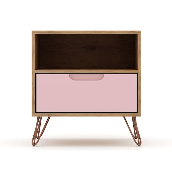 Manhattan Comfort Rockefeller Nightstand 1.0 in Nature and Rose Pink (Set of 2) - 2-101GMC6