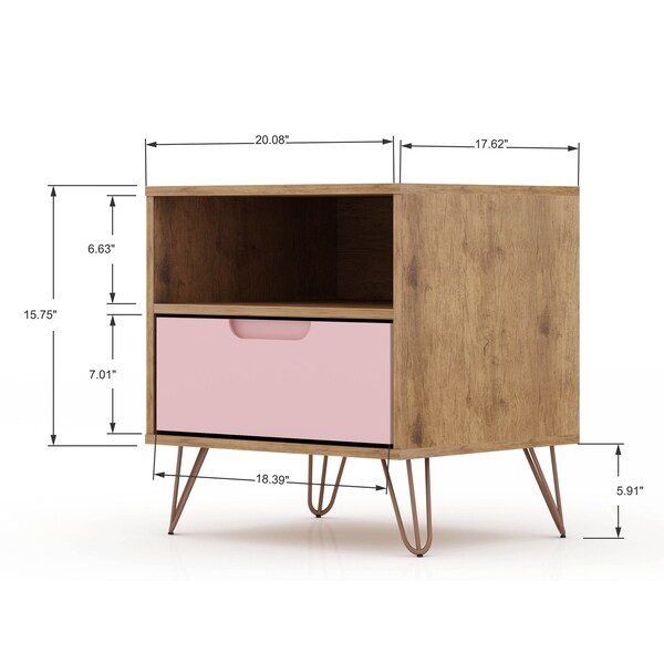 Manhattan Comfort Rockefeller Nightstand 1.0 in Nature and Rose Pink (Set of 2) - 2-101GMC6