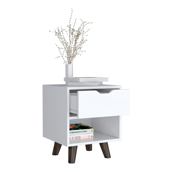 Tuhome Crail Nightstand with 1 Open Storage Shelf. 1 Drawer and Wooden Legs- White - MLB9051