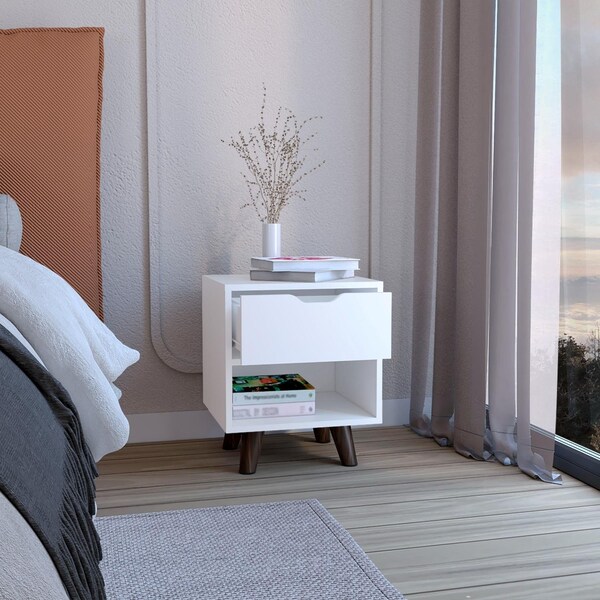 Tuhome Crail Nightstand with 1 Open Storage Shelf. 1 Drawer and Wooden Legs- White - MLB9051