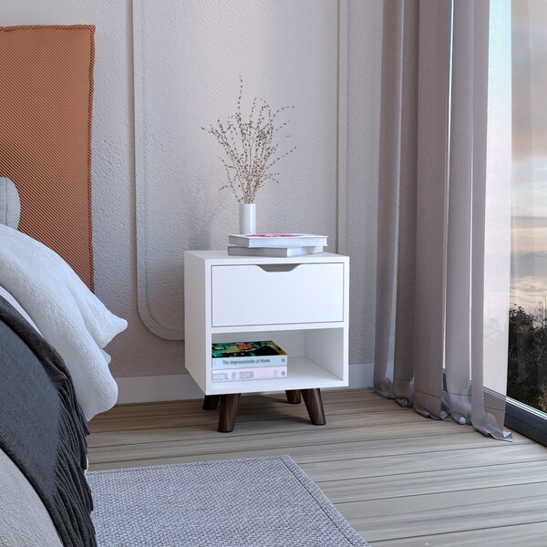 Tuhome Crail Nightstand with 1 Open Storage Shelf. 1 Drawer and Wooden Legs- White - MLB9051