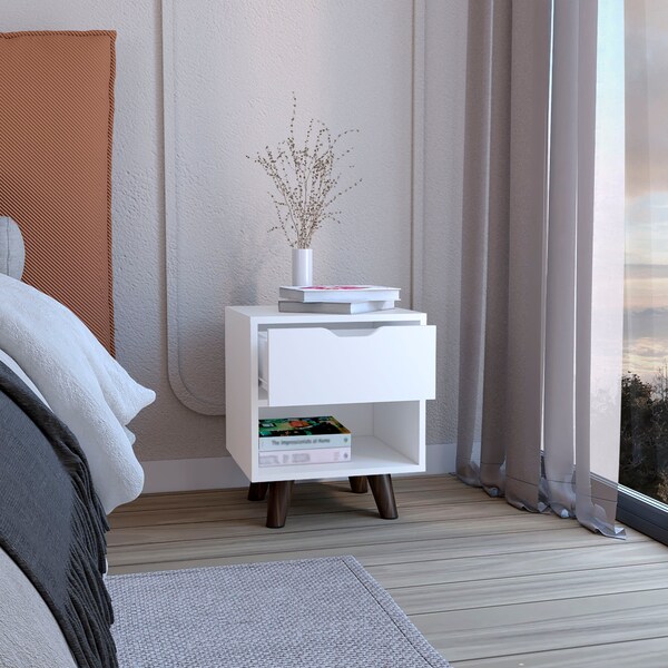 Tuhome Crail Nightstand with 1 Open Storage Shelf. 1 Drawer and Wooden Legs- White - MLB9051