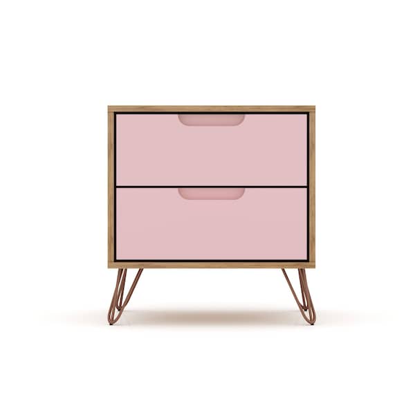 Manhattan Comfort Rockefeller Nightstand 2.0 in Nature and Rose Pink (Set of 2) - 2-102GMC6