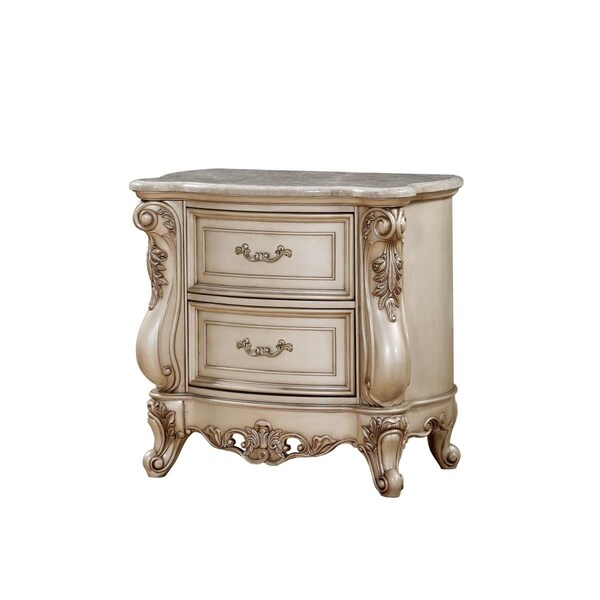 Gfancy Fixtures 20 x 34 x 32 in. Antique White Wood Nightstand with Marble Top - GF3094736